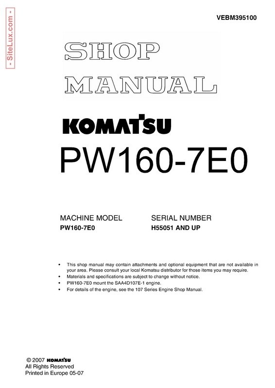Komatsu PW160-7E0 Hydraulic Excavator (H55051 and up) Shop Manual - VEBM395100