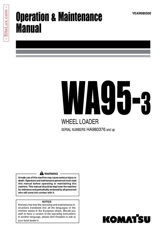 Komatsu WA95-3 Wheel Loader Operation & Maintenance Manual - VEAM980500