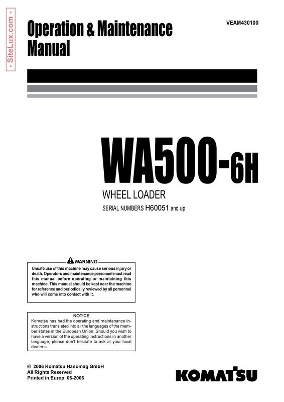 Komatsu WA500-6H Wheel Loader Operation & Maintenance Manual - VEAM430100