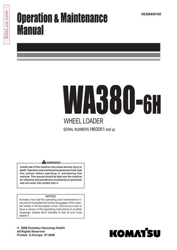Komatsu WA380-6H Wheel Loader Operation & Maintenance Manual - VEAM440100