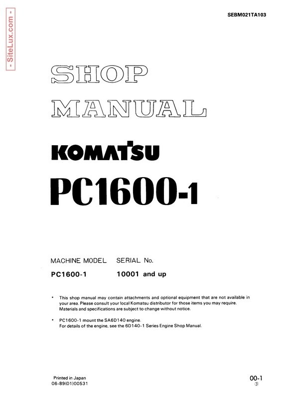 Komatsu PC1600-1 Hydraulic Excavator (10001 and up) Shop Manual - SEBM021TA103