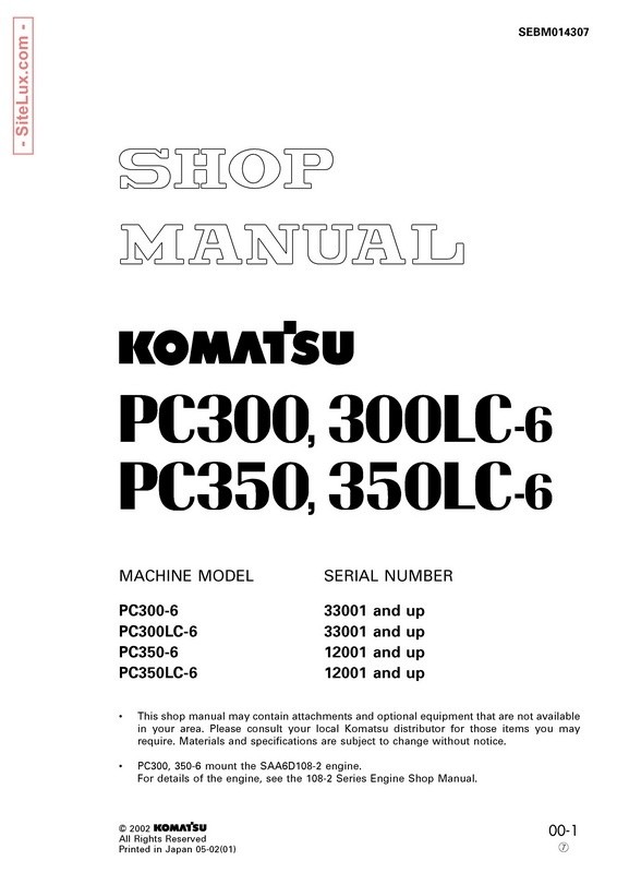 Komatsu PC300-6, PC300LC-6, PC350-6, PC350LC-6 Hydraulic Excavator Shop Manual - SEBM014307