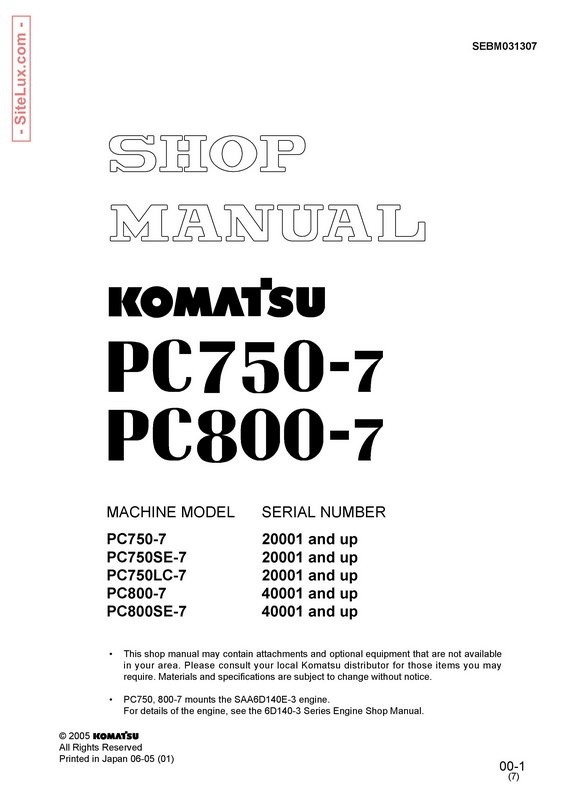 Komatsu PC750-7, PC800-7 Hydraulic Excavator Shop Manual - SEBM031307