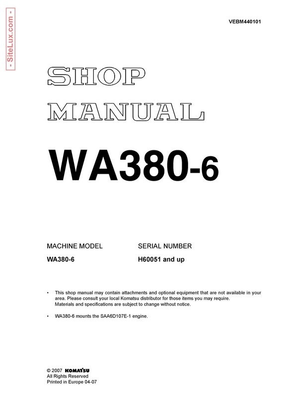 Komatsu WA380-6 Wheel Loader Shop Manual - VEBM440101