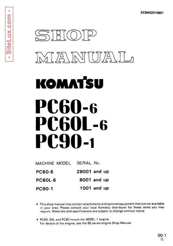 Komatsu PC60-6, PC60L-6, 6 PC90-1 Hydraulic Excavator Shop Manual - SEBM02010607