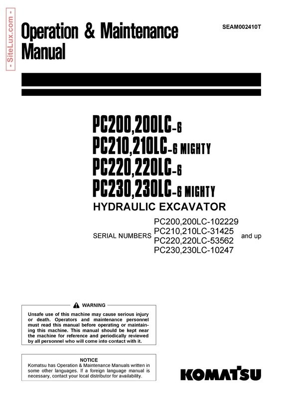 Komatsu PC200LC,PC210LC,PC220LC,PC230LC-6 Mighty Excavator Manual - SEAM002410T