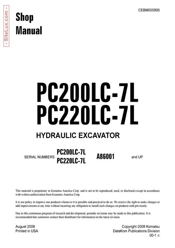 Komatsu PC200LC-7L, PC220LC-7L Hydraulic Excavator (A86001 and up) Shop Manual - CEBM005806