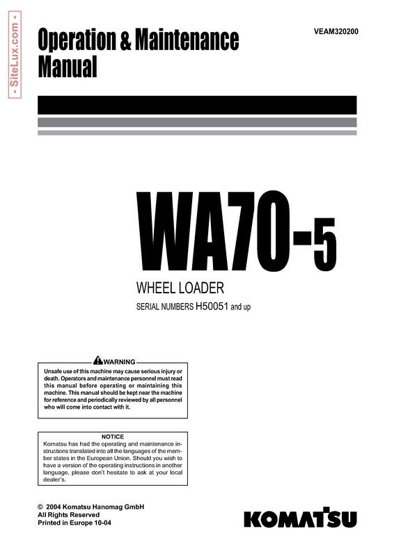 Komatsu WA70-5 Wheel Loader Operation and Maintenance Manual - VEAM320200