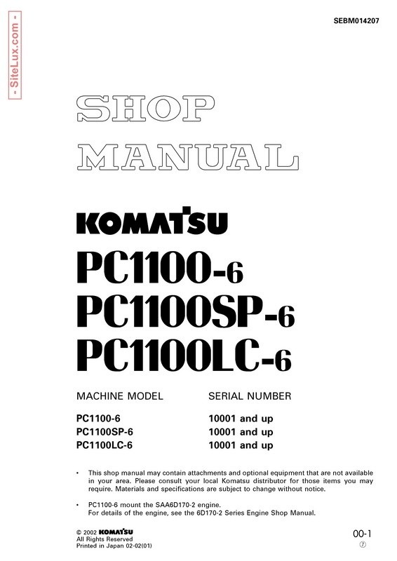 Komatsu PC1100-6, PC1100SP-6, PC1100LC-6 Hydraulic Excavator (10001 and up) Shop Manual - SEBM014207