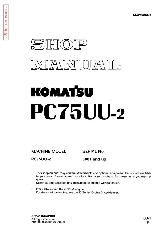 Komatsu PC75UU-2 Hydraulic Excavator (5001 and up) Shop Manual - SEBM001302