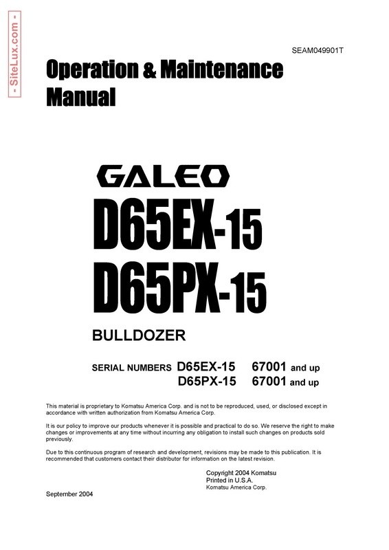 Komatsu D65EX-15, D65PX-15 Galeo Bulldozer Operation & Maintenance Manual - SEAM049901T