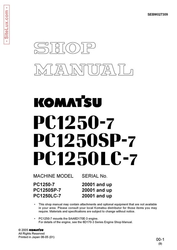 Komatsu PC1250-7, PC1250SP-7, PC1250LC-7 Hydraulic Excavator (20001 and up) Shop Manual - SEBM027309