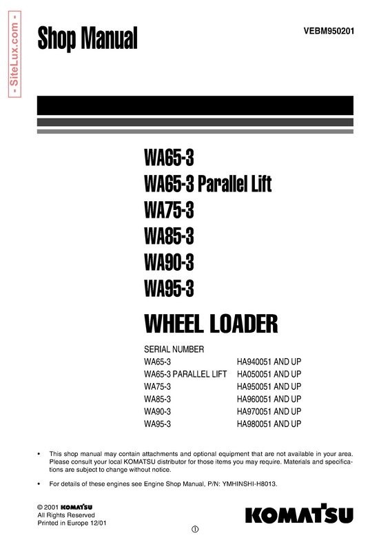Komatsu WA65-3, WA65-3, WA75-3, WA85-3, WA90-3, WA95-3 Wheel Loader Shop Manual - VEBM950201