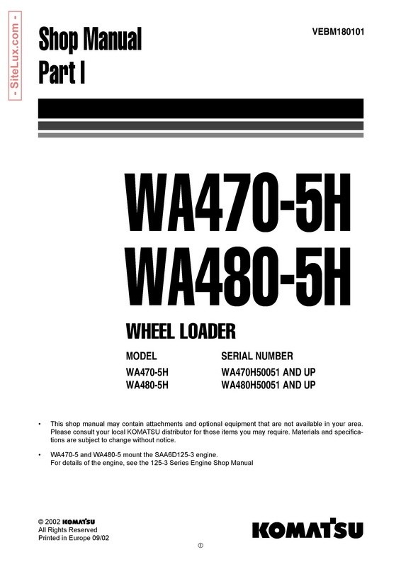 Komatsu WA470-5H, WA480-5H Wheel Loader Shop Manual - VEBM180101