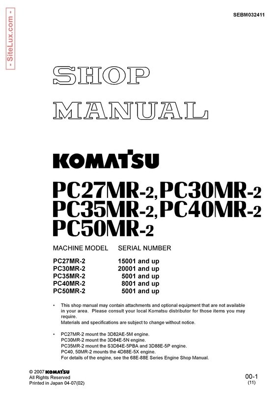 Komatsu PC27,30,35.40,50MR-2 Hydraulic Excavator Shop Manual - SEBM032411