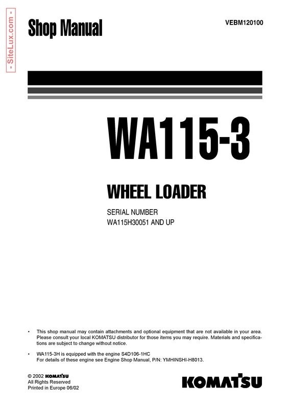 Komatsu WA115-3 Wheel Loader Shop Manual - VEBM120100