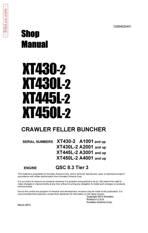 Komatsu XT430-2, XT430L-2, XT445L-2, XT450L-2 Crawler Feller Buncher Shop Manual - CEBM025401