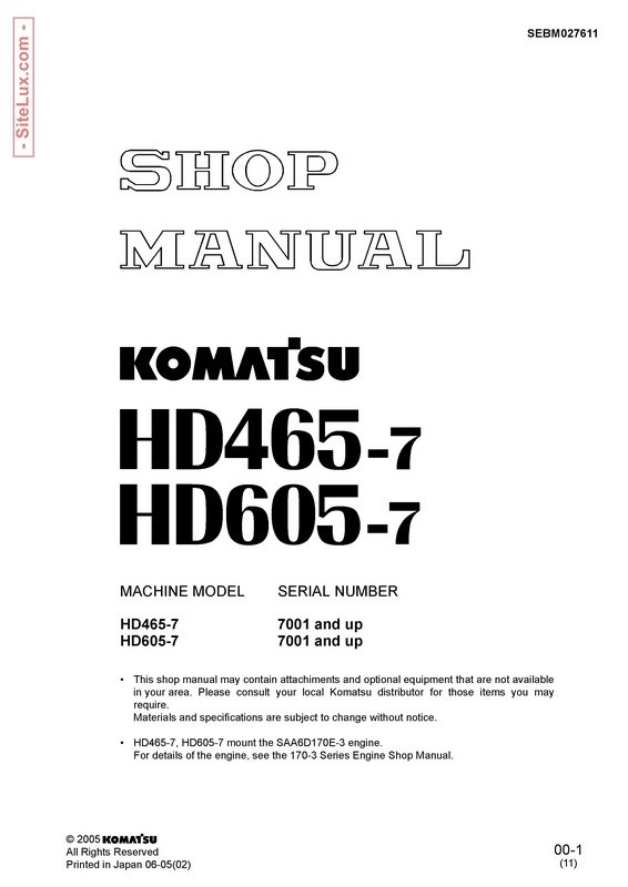 Komatsu HD465-7 & HD605-7 Dump Truck Shop Manual - SEBM027611