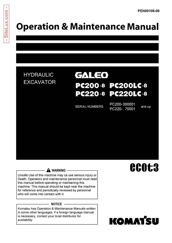 Komatsu PC200,200LC,220,220LC-8 Hydraulic Excavator Operation & Maintenance Manual - PEN00108-00