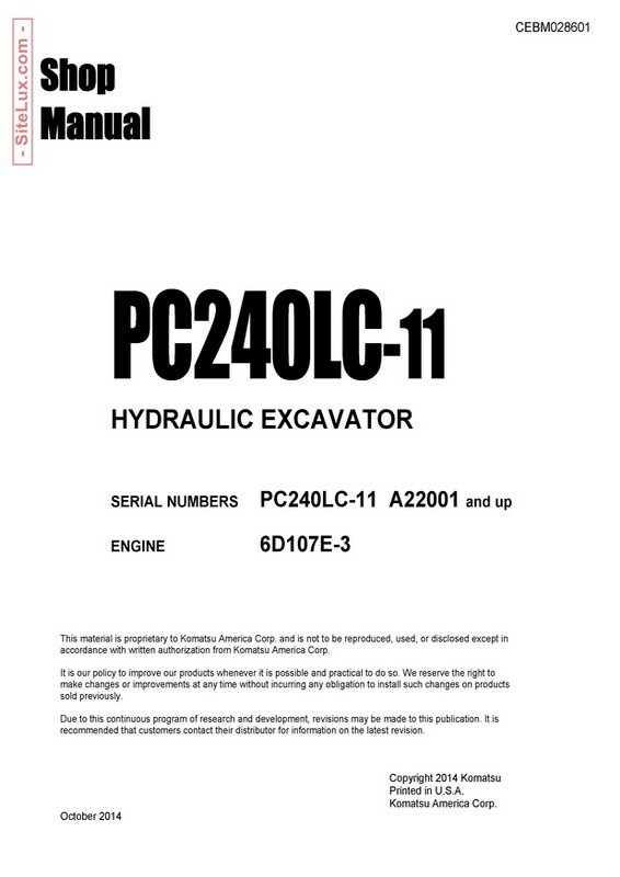 Komatsu PC240LC-11 Hydraulic Excavator (A22001 and up) Shop Manual - CEBM028601