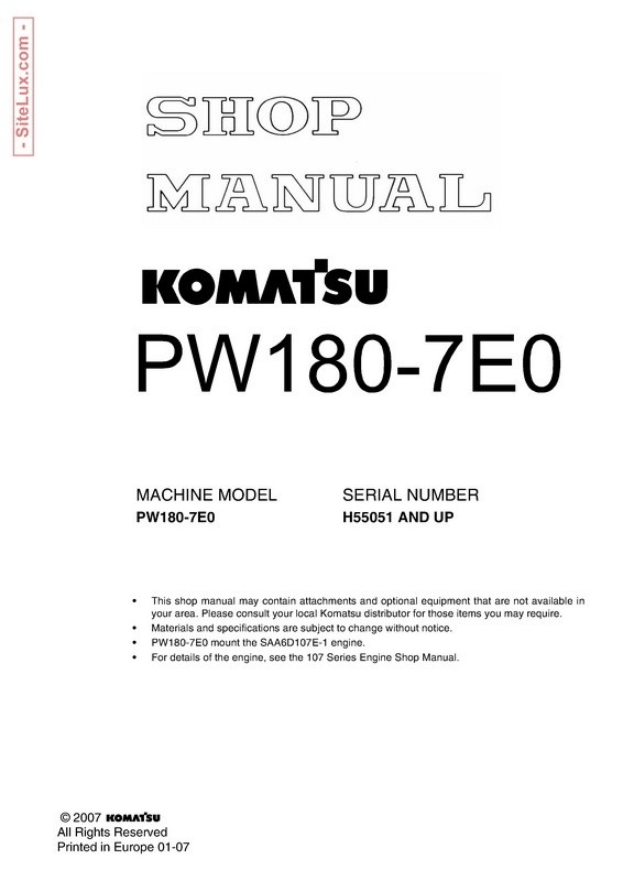Komatsu PW180-7E0 Hydraulic Excavator (H55051 and up) Shop Manual - VEBM400100