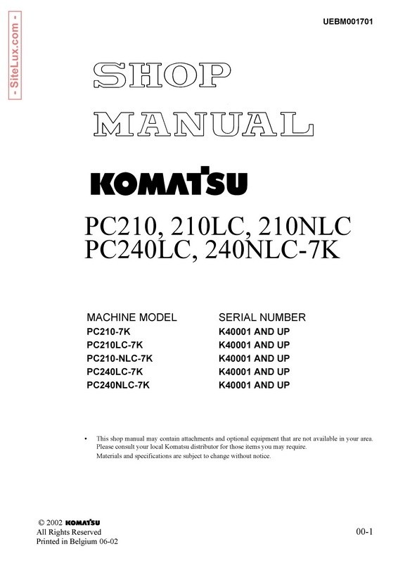 Komatsu PC210,NL,NLC,230NHD,240LC,NLC-7K Hydraulic Excavator Shop Manual - UEBM001701