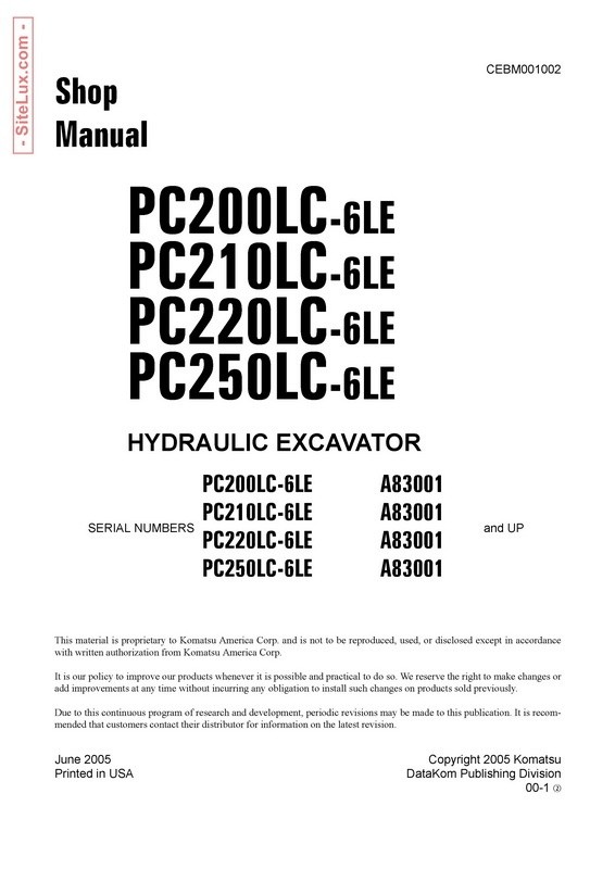 Komatsu PC200/210/220/250LC-6LE Hydraulic Excavator (A83001 and up) Shop Manual - CEBM001002