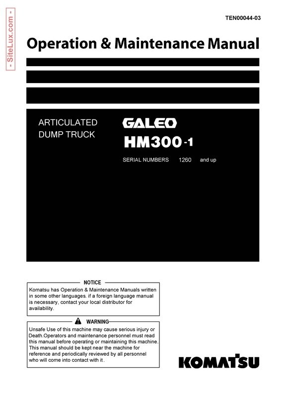Komatsu HM300-1 Articulated Dump Truck Operation & Maintenance Manual - TEN00044-03