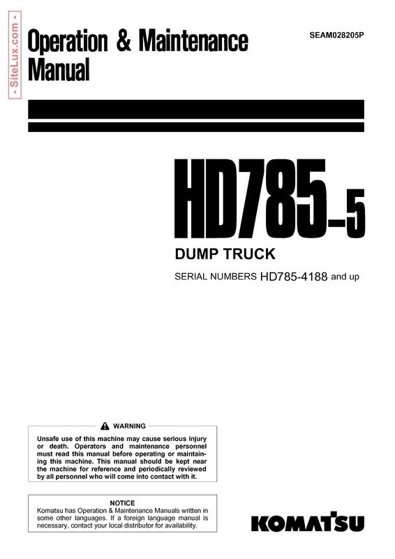 Komatsu HD785-5 Dump Truck Operation & Maintenance Manual - SEAM028205P