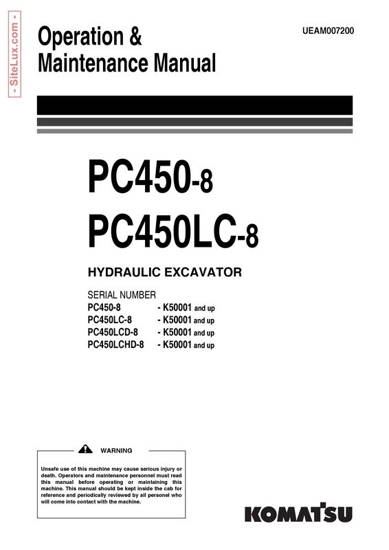 Komatsu PC450-8, PC450LC-8 Hydraulic Excavator (K50001 and up) OM Manual - UEAM007200