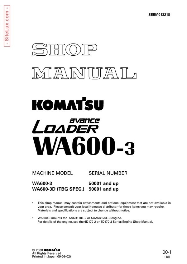 Komatsu.WA600-3 avance Wheel Loader Shop Manual - SEBM013218