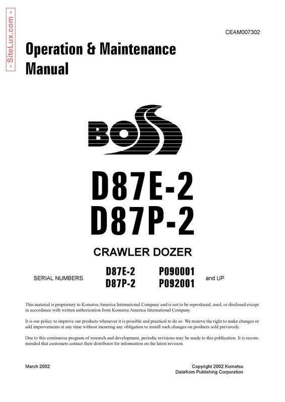 Komatsu D87E-2, D87P-2 Crawler Dozer Operation & Maintenance Manual - CEAM007302