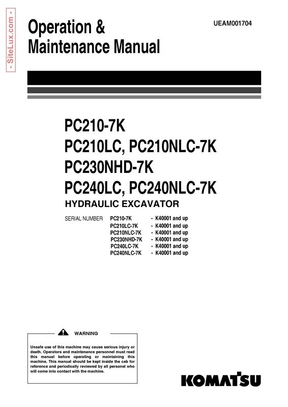 Komatsu PC210,NL,NLC,230NHD,240LC,NLC-7K Excavator Operation & Maintenance Manual - UEAM001704