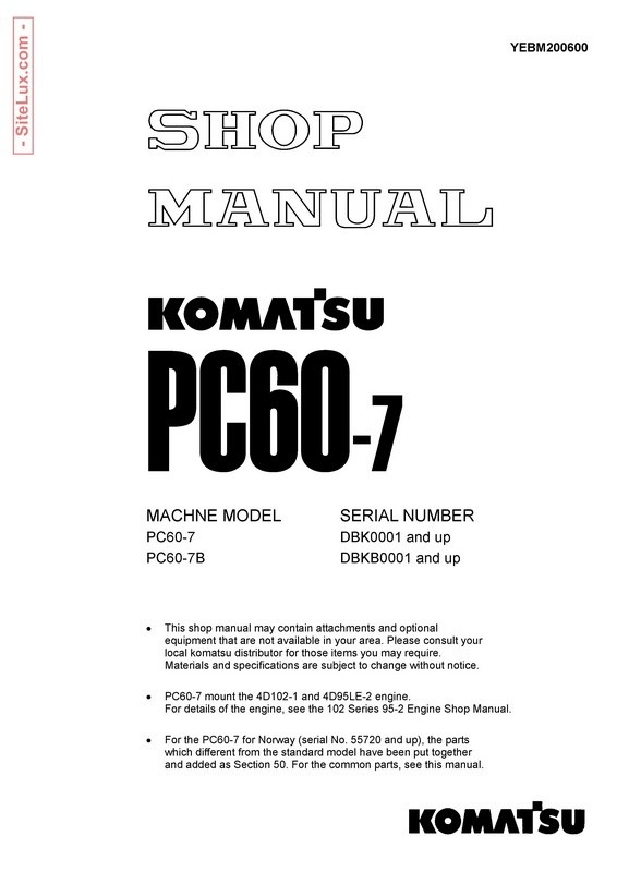 Komatsu PC60-7 Hydraulic Excavator Shop Manual - YEBM200600