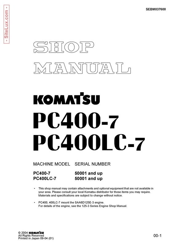 Komatsu PC400-7, PC400LC-7 Hydraulic Excavator (50001 and up) Shop Manual - SEBM037600