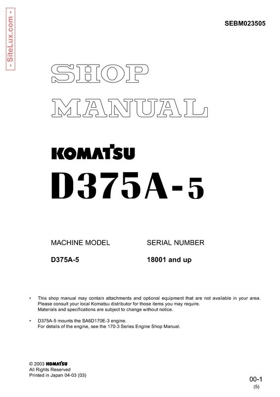 Komatsu D375A-5 Bulldozer (18001 and up) Shop Manual - SEBM023505