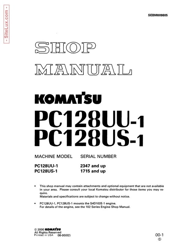 Komatsu PC128UU-1, PC128US-1 Hydraulic Excavator Shop Manual - SEBM009805