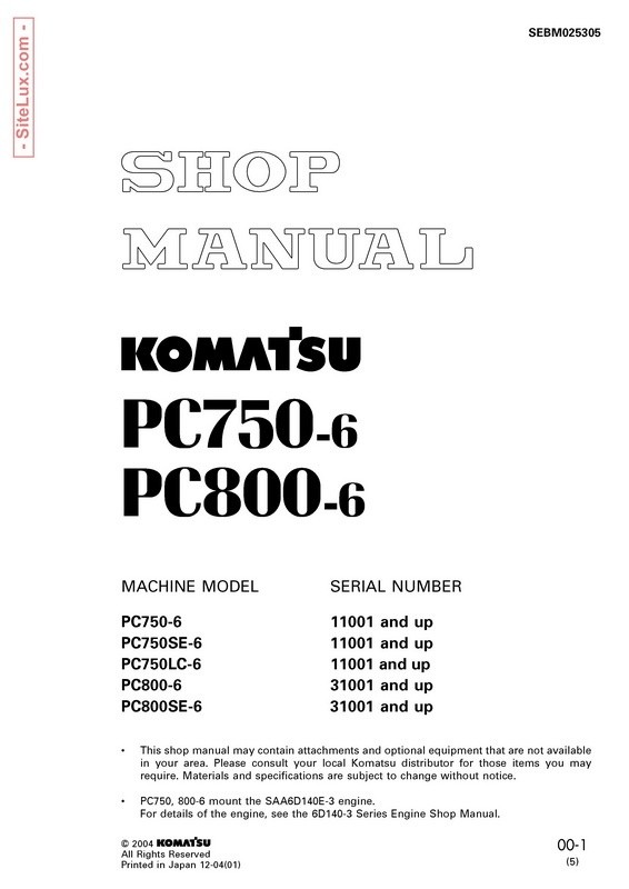 Komatsu PC750-6, PC800-6 Hydraulic Excavator Shop Manual - SEBM025305