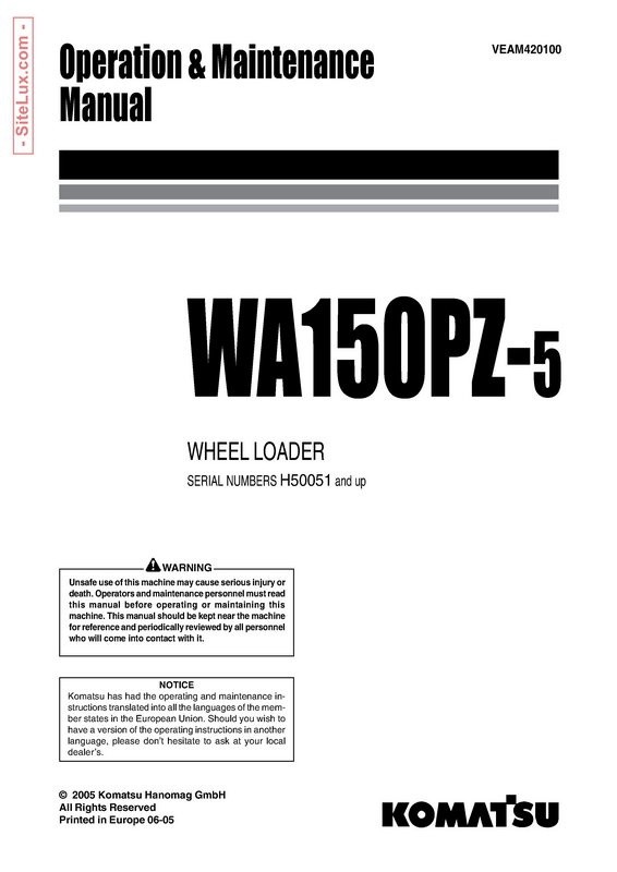 Komatsu WA150PZ-5 Wheel Loader Operation & Maintenance Manual - VEAM420100