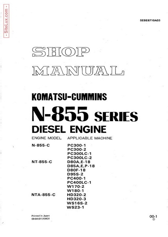 Komatsu Cummins N-855 Series Diesel Engine Shop Manual - SEBE6710A03