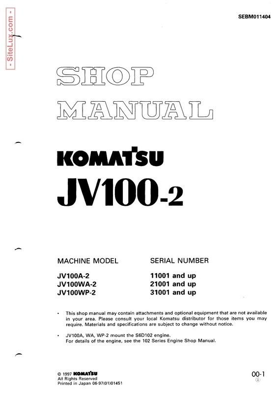 Komatsu JV100-2 Vibratory Smooth Drum Roller Shop Manual - SEBM011404