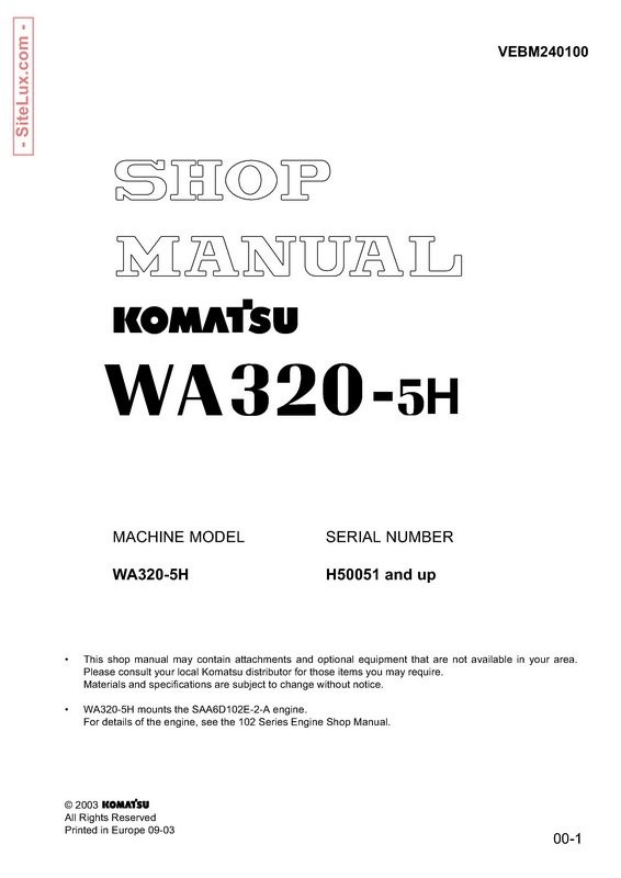 Komatsu WA320-5H Wheel Loader Shop Manual - VEBM240100