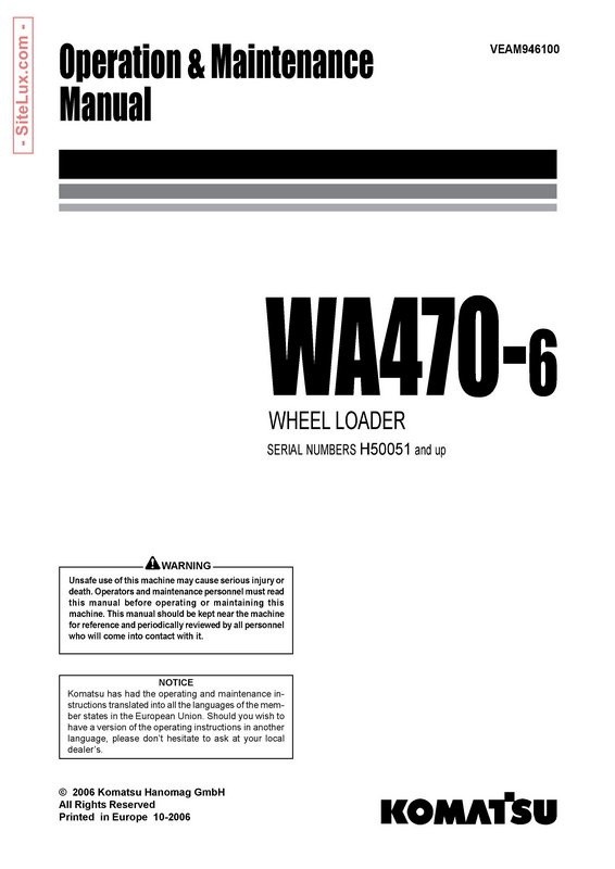 Komatsu WA470-6 Wheel Loader Operation & Maintenance Manual - VEAM946100