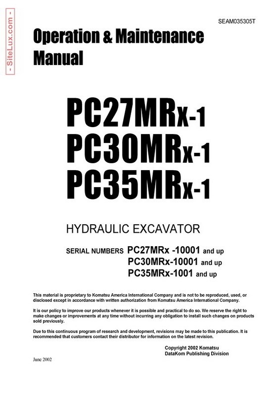 Komatsu PC27MRX-1, PC30MRX-1, PC35MRX-1 Hydraulic Excavator OM Manual - SEAM035305T