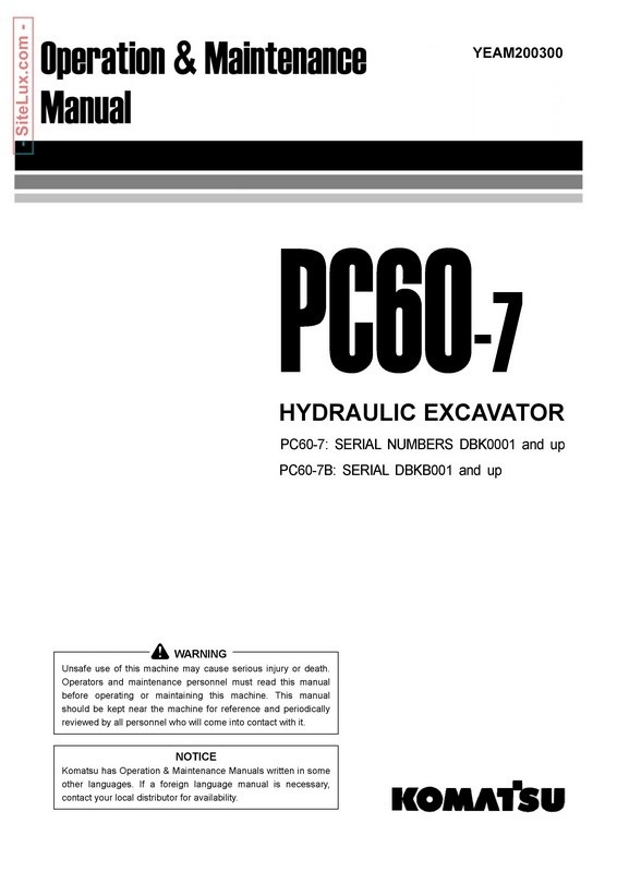 Komatsu PC60-7 Hydraulic Excavator Operation & Maintenance Manual - YEAM200300