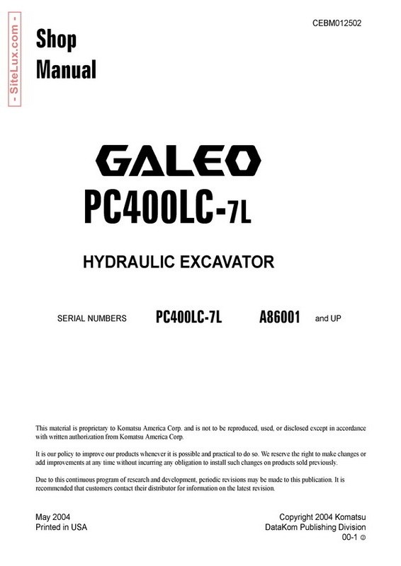 Komatsu PC400LC-7L Galeo Hydraulic Excavator (A86001 and up) Shop Manual - CEBM012502