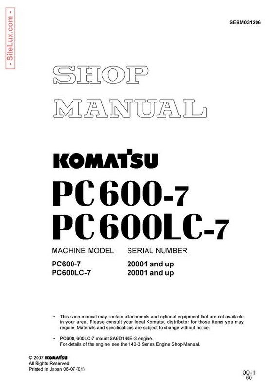 Komatsu PC600-7, PC600LC-7 Hydraulic Excavator (20001 and up) Shop Manual - SEBM031206