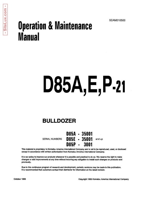 Komatsu D85A-21, D85E-21, D85P-21 Bulldozer Operation & Maintenance Manual - SEAM010500