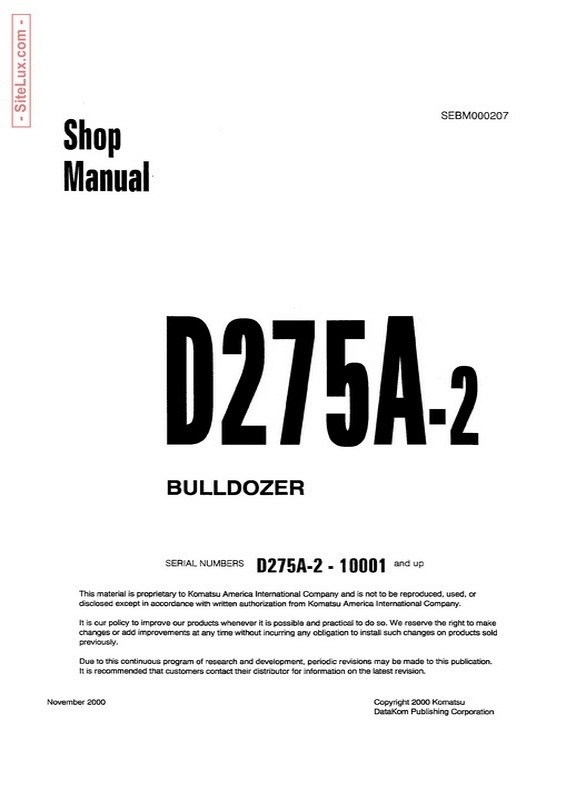 Komatsu D275A-2 Bulldozer (10001 and up) Shop Manual - SEBM000207