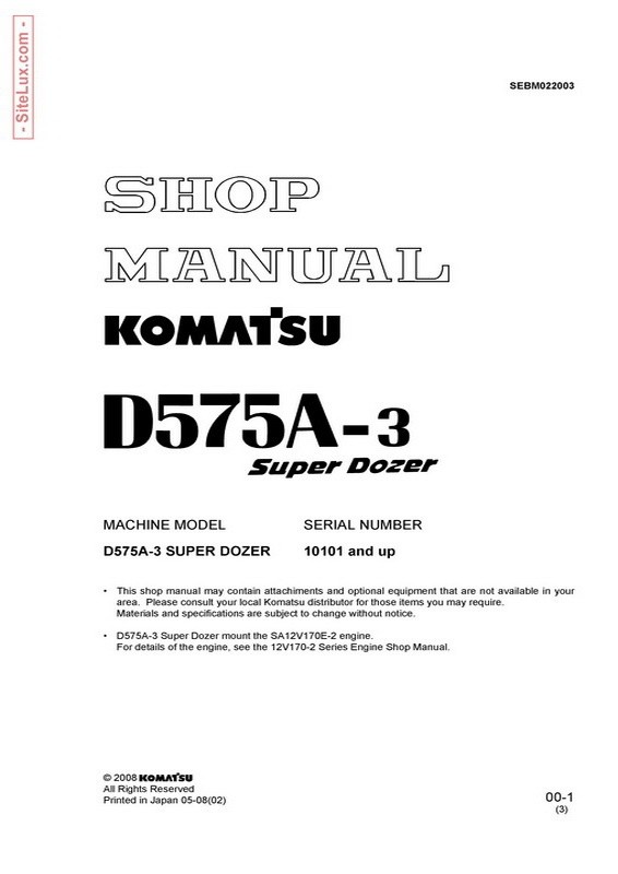 Komatsu D575A-3 Super Dozer (10101 and up) Shop Manual - SEBM022003